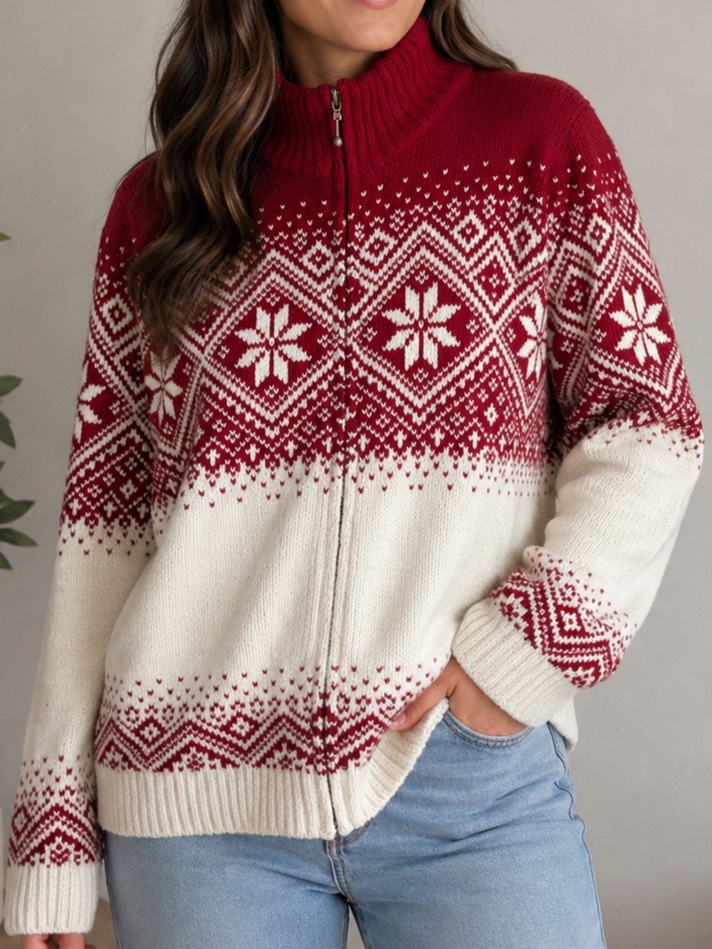 Tradition Country Collection Nordic Fair Isle Zip-Up Sweater Women’s M Holiday